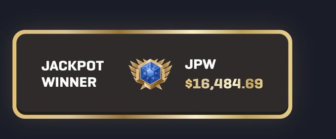 A digital "Jackpot Winner" notification banner displays the username "JPW" alongside a prize amount of $16,484.69, decorated with a golden winged emblem. The image visually celebrates the user's milestone of winning their first jackpot in 1,777 draws on the $RLB lottery, corresponding to the second-largest of multiple prize wins that contributed to their total earnings of $69,087.