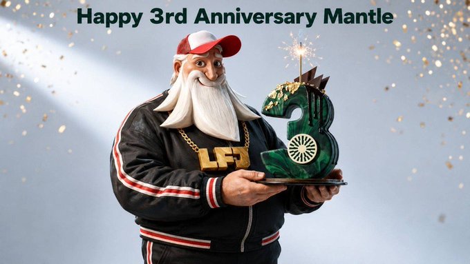 A 3D-rendered Santa-like figure wearing a USA tracksuit jacket and red cap holds a green number '3' cake with a sparkler, captioned 'Happy 3rd Anniversary Mantle'.