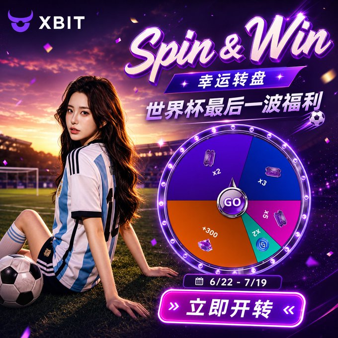 A promotional banner from XBIT featuring a woman in an Argentina soccer jersey seated beside a soccer ball, advertising their "Spin & Win" lucky wheel campaign ("幸运转盘") for World Cup perks, running from 6/22 to 7/19, with visible prize segments showing rewards like x2, x3, x5, x12, and +300, along with a call-to-action button reading "立即开转" (Spin Now). The image visually reinforces the post's message about XBIT's World Cup-themed reward campaign where users can complete tasks to earn spins for prizes like the World Cup Prediction Ticket and 2 USDC.