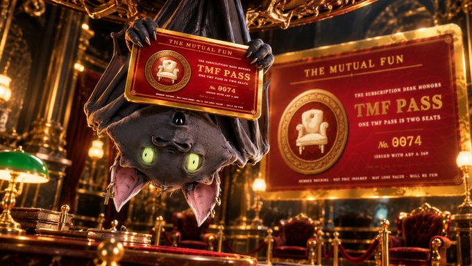 A whimsical illustration featuring a bat hanging upside down holding a "TMF PASS" card, next to a larger framed certificate reading "THE MUTUAL FUN."