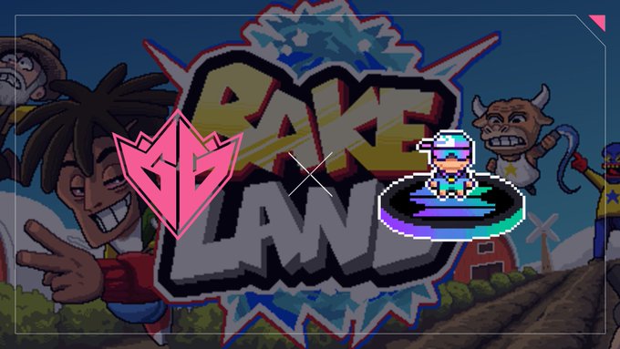 A logo for 'RAGE LAND' featuring graffiti-style text, a pink geometric emblem, and a pixel art character on a hoverboard, with cartoon characters in the background.