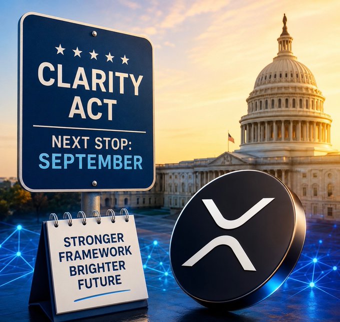 The image features a sign reading "CLARITY ACT - NEXT STOP: SEPTEMBER" alongside the U.S. Capitol building, with a calendar noting "STRONGER FRAMEWORK BRIGHTER FUTURE" and the XRP logo prominently displayed. It visually reinforces the post's news about the upcoming Senate vote on the CLARITY Act on September 15, highlighting the potential regulatory implications for the U.S. crypto industry, particularly XRP.