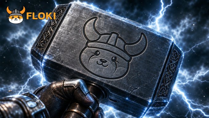 A battle-scarred Viking gauntlet grips a stone hammer emblazoned with the "FLOKI" logo, set against a stormy sky crackling with lightning—visually reinforcing the post's theme of Viking-strength durability and power.