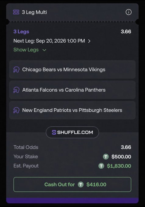 A Shuffle.com betting slip shows a 3-leg NFL multi featuring Bears ML, Falcons +3.5, and Patriots ML with 3.66 odds, originally wagering $500 for a potential $1,830 payout, now offering a $416 cash out option. The image directly corresponds to the post, which shares the same three-leg multi and refers viewers to the Shuffle.com platform via the listed referral link.