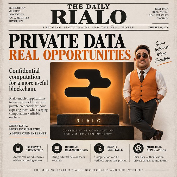 A newspaper-style advertisement for 'THE DAILY RIALO' featuring the headline 'PRIVATE DATA REAL OPPORTUNITIES', dated 'THU, SEP 11, 2026', showcasing a man in an orange vest next to the Rialo logo.