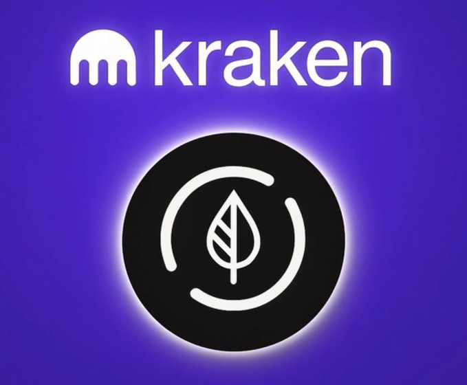 A Kraken promotional graphic featuring the Kraken logo above a black circular emblem with a white leaf icon on a purple gradient background, likely representing a new token or feature listing.