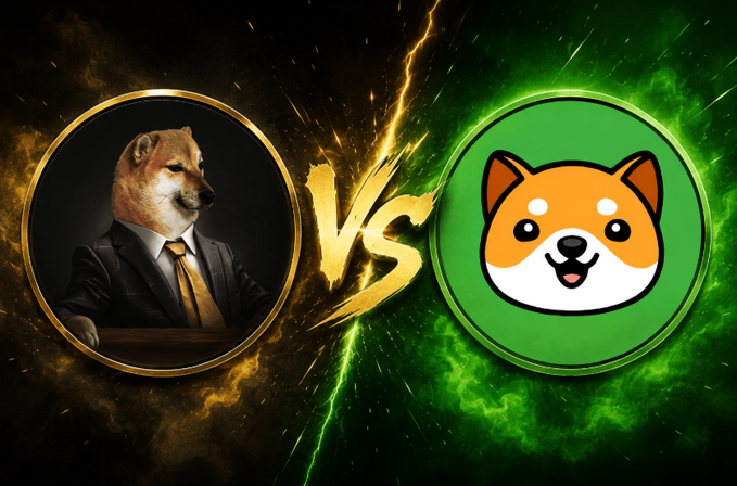 The image is a stylized "VS" matchup graphic featuring a Shiba Inu in a business suit on a golden background (representing $CHEEMS) against a cartoon Shiba Inu head on a green background (representing $BABYDOGE), visually depicting the head-to-head memecoin comparison posed in the post.
