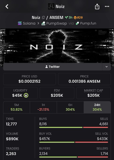 A crypto tracking interface displays the $NOIZ token paired with $ANSEM on Solana via PumpSwap/Pump.fun, showing a price of $0.0002152 (0.001386 ANSEM), FDV and market cap of $205K, with notable gains of 304% over 24 hours and 12,777 transactions from 2,263 traders.