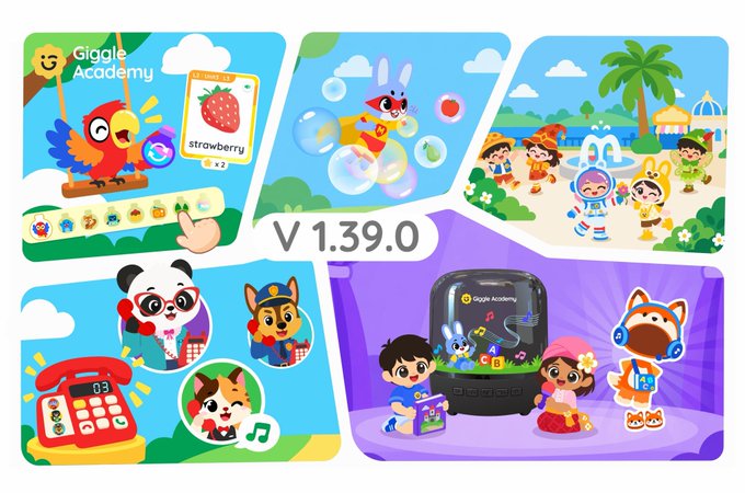 A promotional collage for 'Giggle Academy V 1.39.0' showcasing various colorful children's educational toys and characters.