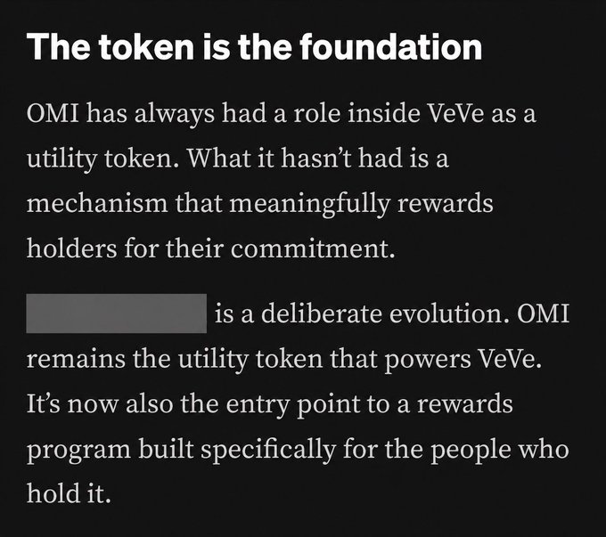 A black graphic with white text titled 'The token is the foundation', explaining that OMI is a utility token within VeVe and has evolved into a rewards program for holders (with a redacted word shown as a gray bar).