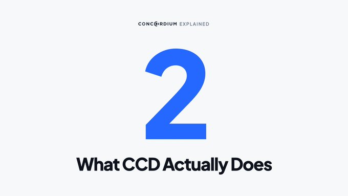A minimalist slide with a light gray background featuring a large blue number "2" and the bold text "What CCD Actually Does" beneath it, with "CONCORDIUM EXPLAINED" at the top.