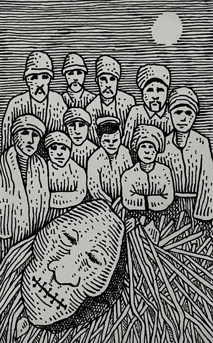 A black and white woodcut-style illustration depicting a group of people standing behind a sleeping figure with closed eyes marked with crosses, set against a background of tall grass.