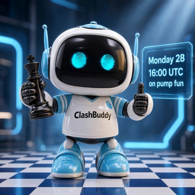 A 3D-rendered robot mascot called 'ClashBuddy' wearing a blue and white outfit, holding a chess king piece, with a sign announcing 'Monday 28 16:00 UTC on pump fun'.