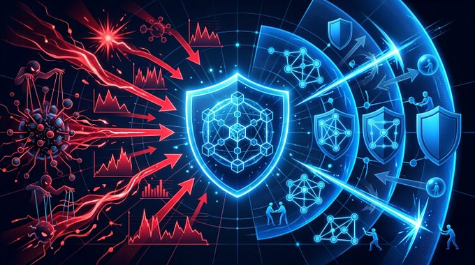 A digital illustration depicting a glowing blue shield with a hexagonal core protecting against red cyber threats like viruses and hacking attempts, representing cybersecurity defense.