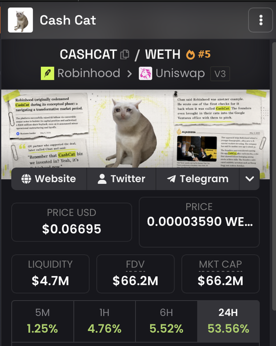 The image shows a cryptocurrency tracking page for "Cash Cat" (CASHCAT/WETH) on Robinhood/Uniswap V3, featuring a cat image and news articles about the meme coin. Key stats displayed include a price of $0.06695 USD, liquidity of $4.7M, and market cap of $66.2M, with a notable 53.56% gain over 24 hours—suggesting the user's "bought the bottom" claim is supported by the recent recovery shown in the price metrics.
