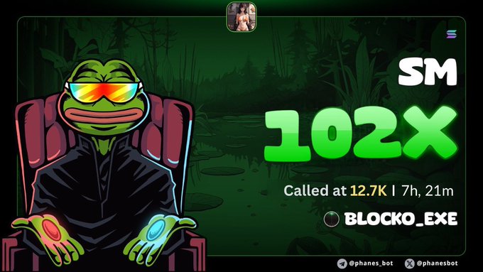 A graphic features a Pepe the Frog character wearing sunglasses and sitting in a chair, alongside text reading 'SM 102X', 'Called at 12.7K | 7h, 21m', and 'BLOCKO.EXE', with credits to @phanes_bot and @phanesbot.