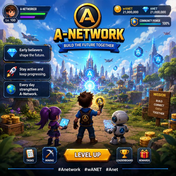 A colorful game-style promotional graphic for 'A-NETWORK' with the tagline 'BUILD THE FUTURE TOGETHER,' showing animated characters in a fantasy landscape with stats including 21,000,000 wANET and ANET, and hashtags #Anetwork #wANET #Anet.