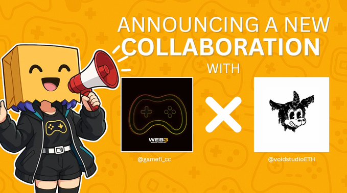 The image features a cartoon character wearing a black shirt, holding a megaphone and standing against an orange background. The caption below the image reads "Another collaborations for the fam. @voidstudioETH 499 supply NFTs with nostalgic classic cartoon style." This suggests that there is another collaboration related to the post about video games or gaming in general.