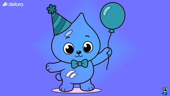 An animated blue cartoon mascot wearing a party hat and bow tie, holding a teal balloon against a purple background with 'delora' branding.