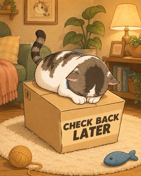 A cute illustration of a sleeping cat curled up on a cardboard box labeled 'CHECK BACK LATER' in a cozy living room with a couch, plants, lamp, and a fish toy nearby.