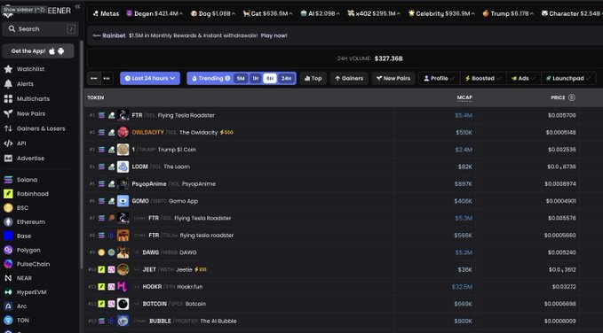 The image shows the DEX Screener trending tokens page, with a list of meme tokens including FTR ($6.4M MCAP), CIVILITY ($100K), BUBBLE ($800K), and others alongside their market caps and prices. The image relates to the post by displaying various trending meme coins from different chains (Solana, BSC, Ethereum, Base, etc.) to illustrate the pattern of one "chosen one" winner and a "runner-up" coin per chain, setting up the challenge to identify which BNB chain coin will be the next runner.