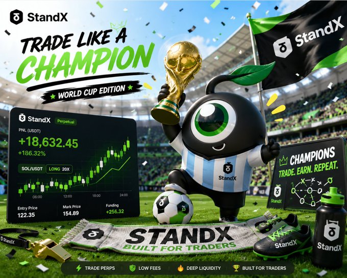 The image features a poster for the StandX World Cup Edition, which includes a soccer ball, trophy, and other sports equipment. The poster also contains text promoting trading and investing opportunities related to the event.