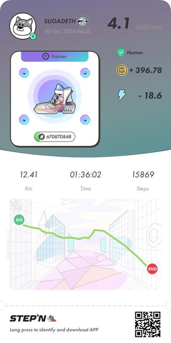 The image shows a fitness app with a purple background, displaying information about a user's progress during their workout. The app has a cartoon character design and features icons for different types of exercises such as running, walking, and cycling. There are also icons representing calories burned and steps taken. The post includes a code "stepn" that might be related to the fitness app or could be part of an online community discussion about the app's features and benefits.