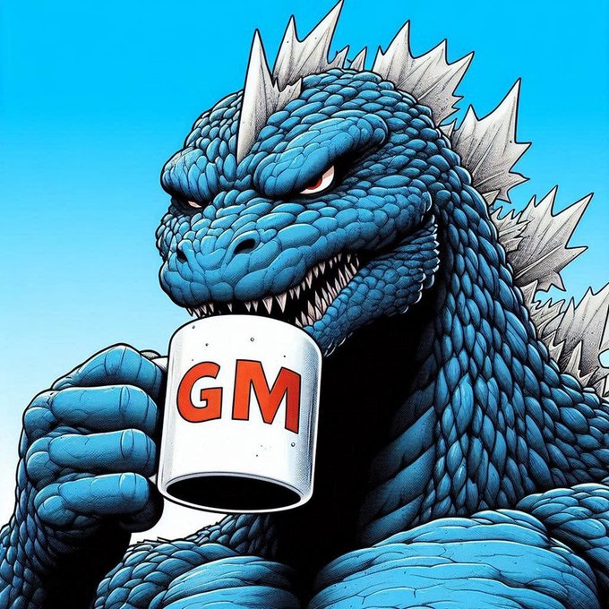 An illustrated comic-style depiction of Godzilla holding a white mug with bold red letters reading 'GM'.