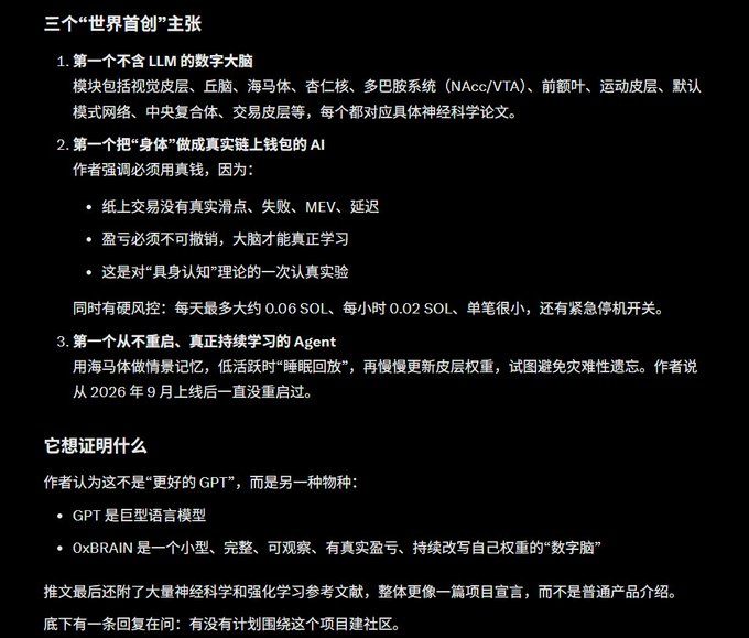 The image displays a Chinese-language technical manifesto outlining three "world-first" claims for an AI system called 0xBRAIN, including being an LLM-free "digital brain" with neuroscience-grounded modules, a blockchain-integrated AI using SOL with hard-coded spending limits, and a continuously learning agent with hippocampal memory storage. The accompanying post expresses excitement about this new project ($0x8448...7a64), noting foreigners hold 170K tokens and a favorable risk-reward ratio despite limited technical understanding—aligning with the image's promotional, "project manifesto" tone rather than a standard product overview.