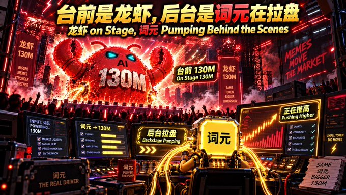 A vibrant graphic with Chinese and English text reading '台前是龙虾, 后台是词元在拉盘' and 'Lobster on Stage, Token Pumping Behind the Scenes' featuring 'AI 130M' and various charts.
