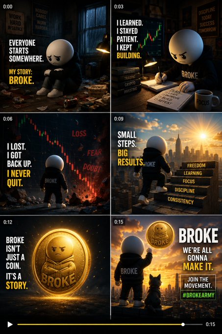 A six-panel video storyboard featuring a cartoon 'BROKE' character, showing a motivational journey from being broke, learning patience, taking small steps for big results, and launching the '#BROKEARMY' movement.
