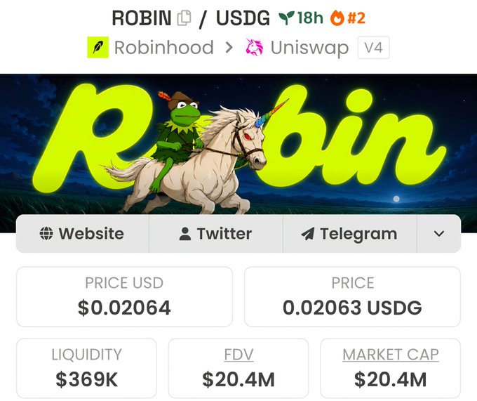 A cryptocurrency listing page displays the $ROBIN/USDG token pair on Uniswap V4, featuring a Pepe-frog character riding a white horse with a glowing horn against a starry night sky, with stats showing a price of $0.02064, liquidity of $369K, and a market cap of $20.4M—visually reinforcing the post's claim that $ROBIN could be the "Robinhood Pepe" comparable to the original $PEPE on Ethereum.