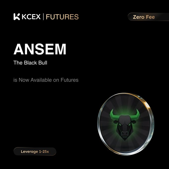 Promotional banner for KCEX Futures announcing the listing of $ANSEM (The Black Bull), featuring zero trading fees and 1–25x adjustable leverage on the ANSEM/USDT pair, with a glowing green bull emblem displayed prominently.