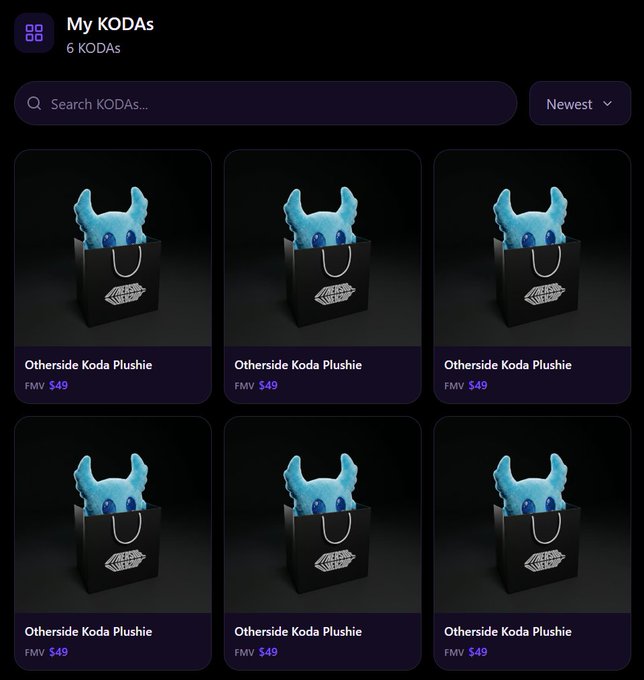 The image shows a collection of six different blue stuffed animals, each placed inside a black shopping bag. The bags are arranged in two rows with three items in each row. The first row features one large blue stuffed animal positioned at the top left corner, while the second row has four smaller blue stuffed animals distributed across the middle and bottom sections. The text "6 koda grails secured" is visible on the image, which suggests that these items are for sale or part of a special promotion.
