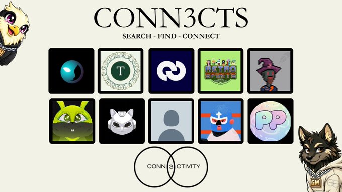 A 'CONN3CTS' graphic with 'SEARCH - FIND - CONNECT' tagline, displaying a grid of various NFT/avatar images including owl characters, a Pepe frog, and other cartoon characters, with an owl mascot in the top left and a wolf character in the bottom right.