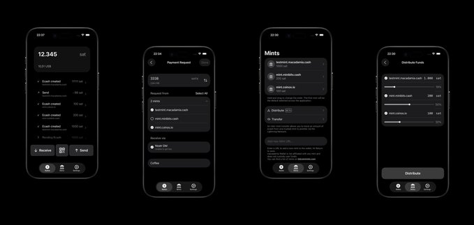 The image features four cell phones displayed against a black background. Each phone has a different app icon, showcasing various features of the devices. The first phone displays an app called "Number 3" with a wallet icon, indicating that it's a Cashu wallet designed for iOS. The second phone shows another app named "Macadamia Wallet", which is native to the iPhone operating system and allows users to send Bitcoin directly via iMessage. The third phone features a different app icon, possibly representing an additional feature or functionality of the device. The fourth phone has no visible apps on its screen but still displays the same "Number 3" app icon as the first phone.