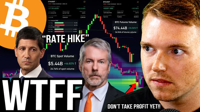 A YouTube thumbnail featuring a man with the text "RATE HIKE" and "WTFFF DON'T TAKE PROFIT YET!!" alongside images of Jerome Powell and a Bitcoin trader, set against candlestick charts showing BTC futures volume of $74.44B and spot volume of $5.44B, dramatizing concerns about an upcoming FOMC rate hike and potential Bitcoin liquidation trap.