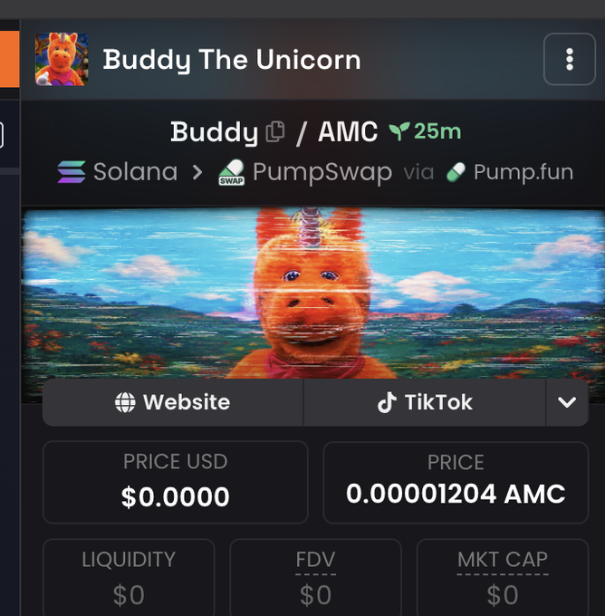 A cryptocurrency trading interface for 'Buddy The Unicorn' token (AMC) on Solana via PumpSwap, showing a price of $0.0000 and 0.00001204 AMC.