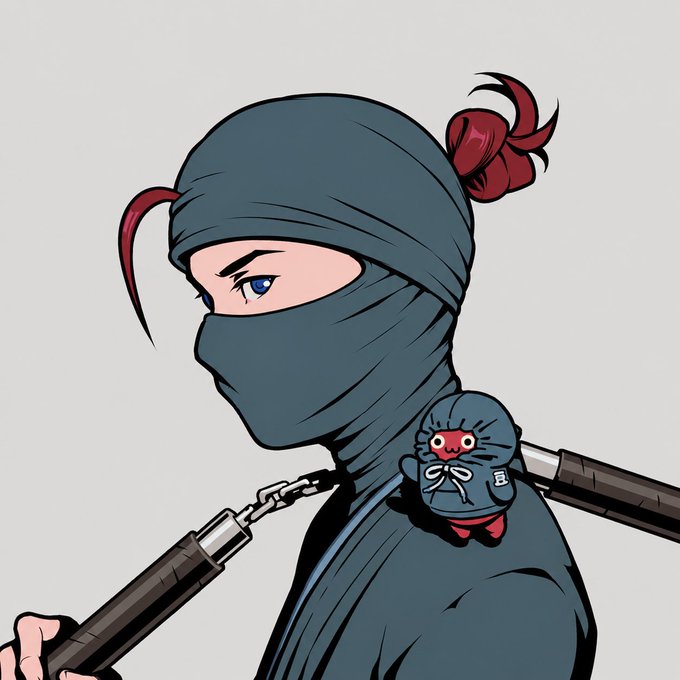 A digital illustration of a ninja character wearing a blue mask and outfit, carrying a staff and accompanied by a small, red, hooded creature on their shoulder. The image visually represents the "be a ninja" instruction from the accompanying post.