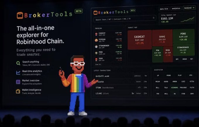 A promotional graphic for BrokerTools (Beta), described as 'The all-in-one explorer for Robinhood Chain,' featuring a pixel-art character, a market cap treemap, and features like search, analytics, market overview, and wallet intelligence.