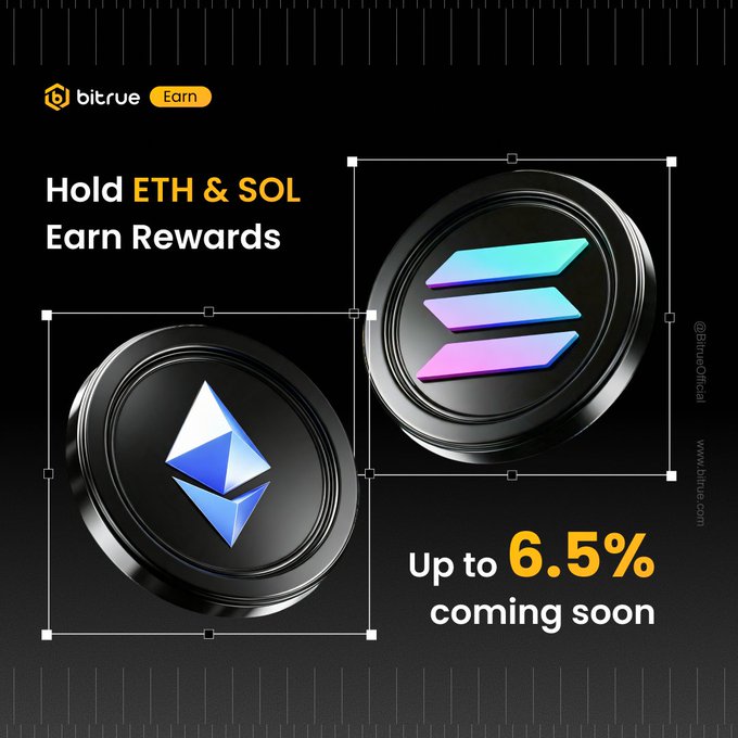 The image is a Bitrue "Earn" promotional graphic featuring 3D-rendered black coins with the Ethereum (ETH) and Solana (SOL) logos, advertising that holding ETH and SOL can earn rewards of up to 6.5% APR coming soon, with the Bitrue logo and "bitrue.com" website handle displayed.
