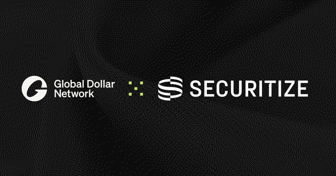 A promotional graphic on dark textured background announcing a partnership between Global Dollar Network and Securitize.