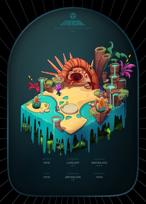A digital art diorama for the game 'OVERSOUL' featuring an isometric landscape with teal lava, coral formations, and a central purple portal, listing resource rates like 'W.RESOURCE | WUMBLEF' and 'ORANGE_TIME'.