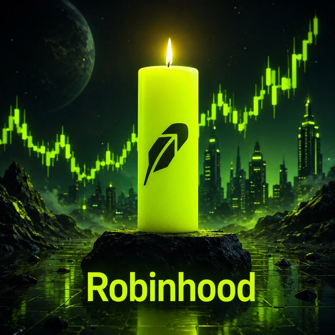 A glowing yellow candle featuring Robinhood's feather logo stands atop a stone pedestal against a neon green cityscape backdrop, framed by a large moon and candlestick trading chart patterns. The bold "Robinhood" text at the bottom reinforces the post's question about which memecoin to buy on the Robinhood Crypto platform, using the candle imagery as a visual play on both candlestick charts and the lit "Robinhood" brand.