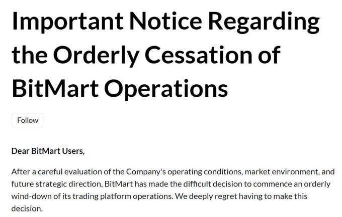 A notice titled 'Important Notice Regarding the Orderly Cessation of BitMart Operations' announces the wind-down of the trading platform, beginning with 'Dear BitMart Users,'