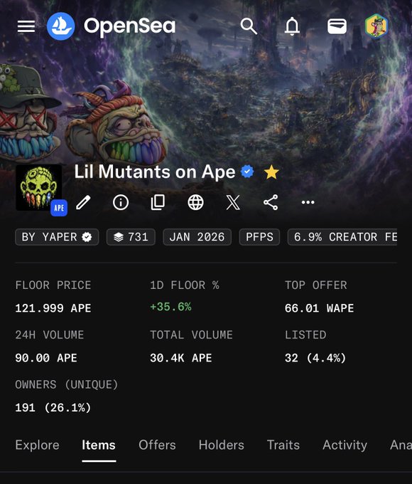 An OpenSea collection page for 'Lil Mutants on Ape' by YAPER, showing a floor price of 121.999 APE and a 35.6% increase over 1D.