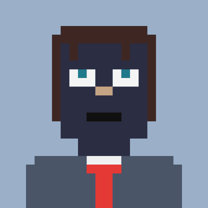 A pixel art portrait of a Stonkbroker character—featuring a stern-faced man in a suit and red tie—set against a blue background, representing the individual unowned NFT recipients who will each receive a 600 $RAIDERS airdrop via Anvil AMM on Monday.