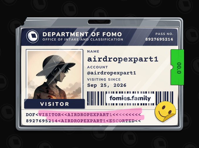 A digital ID badge styled like a visitor pass from the 'DEPARTMENT OF FOMO' features the name 'airdropexpart1', the account '@airdropexpart1', and the website 'fomies.family' alongside a barcode.