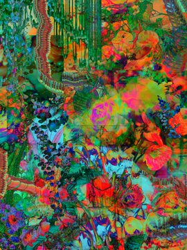 A vibrant, psychedelic digital collage bursting with kaleidoscopic colors and floral motifs ties directly to the post's excitement over secondary sales of "flowers" artworks (032, 005, 028). The chaotic, vivid composition mirrors the energetic celebration of these collectible pieces.