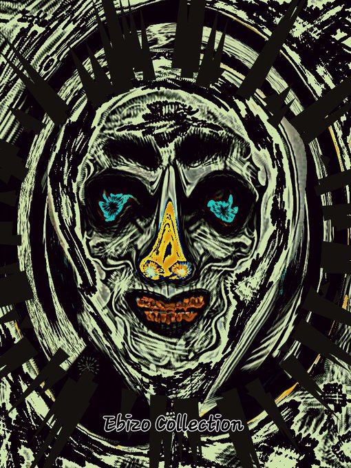 Dark artistic illustration titled 'Ebizo Collection' depicting a skull-like face with turquoise butterfly eyes, orange nose, and stitched mouth set against a swirling black and beige background.